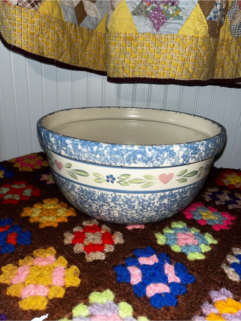 Blue Speckle Ceramic Mixing Bowl with Floral Heart Border